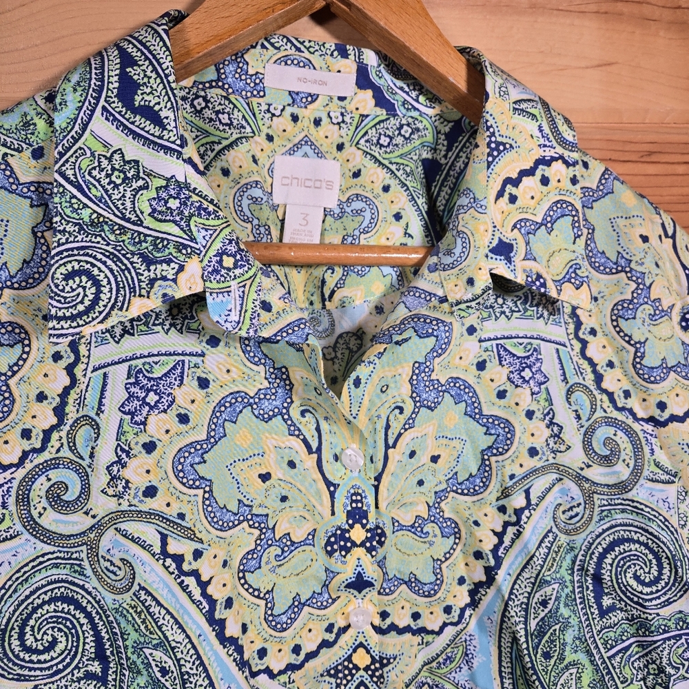 Chico's Cotton Button Up 3/4 Sleeve Shirt Paisley Blue Womens 3/XL Office - Picture 2 of 7